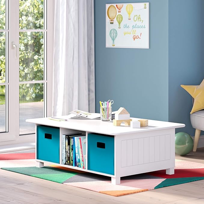 RiverRidge Folding Storage Bins - 2-pack of 10in Tall Turquoise Cubes | Fabric Bins, Set of 2 Storage Cubes, Cut-out Handles, Playroom Closet Organizer, Collapsible Cubby with Bottom Board Insert