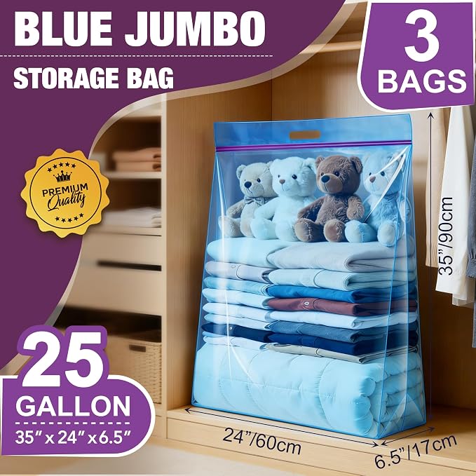 GOONIK 25 Gallon Jumbo Storage Bags with Zipper and Handle for Clothes Pillow Travel Moving, Extra Large, 35” x 24”, Blue, Pack of 3