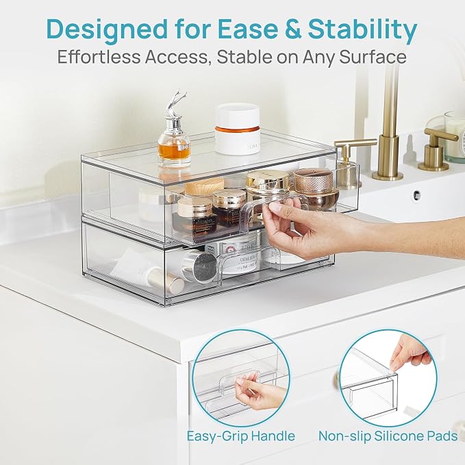 Vtopmart Clear Stackable Storage Drawers, 4 Pack Wide Plastic Organizers | Clear Pull-Out Plastic Drawers, Stackable Design for Makeup Palettes, Cosmetics, Beauty Supplies, Vanity, Cabinet and Desk