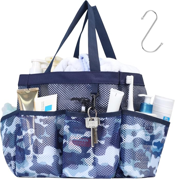 Mesh Shower Caddy Portable - 8 Pockets, S-Hook, Shower Bag for Dorm Camping | 2-Handle, Quick-Dry, Toiletry Organizer, College Dorm Room Essentials for Girls, Gym, Travel & Bathroom, Blue Camouflage