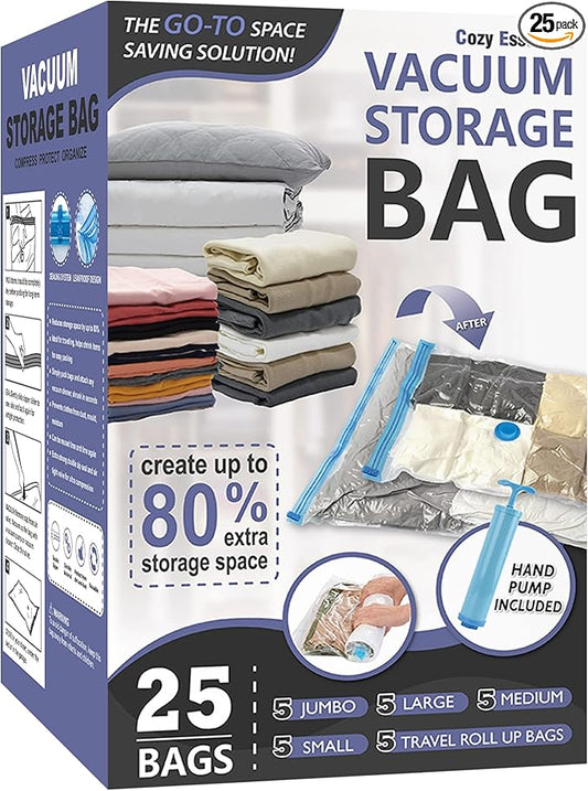 Cozy Essential Vacuum Storage Bags, 80% Compression Vacuum Seal Space Saver Plastic Packaging Bags for Clothes, Blankets, Pillow, Bedding, Comforters, Sealer Clothing Storage,25 Combo