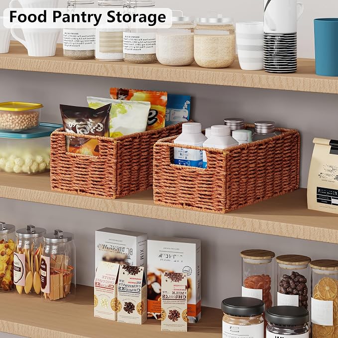 Vagusicc Wicker Storage Basket, Set of 2 Hand-Woven Paper Rope Wicker Basket, Small Storage Baskets for Organizing Toilet Paper, Foldable Small Cube Organizer Bins for Shelves (Orange)