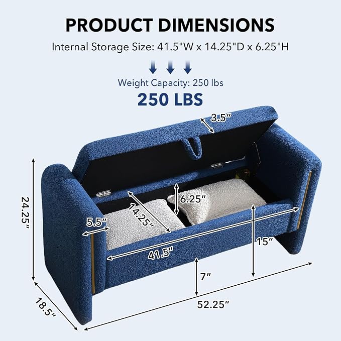 52" Flip-Top Storage Ottoman Bench, Teddy Entryway Bench (Blue) | Teddy Fleece Upholstered End of Bed Bench with Armrests, Soft Padded Window Bench for Living Room Bedroom Entryway
