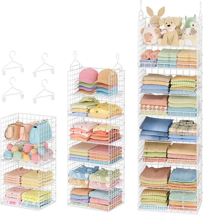 8 Tier Extended Width Hanging Closet Organizer, Sweater Storage for Closet Organizer System, Stackable Wire Basket Bins for Clothes Purse Shoes, Hanging Shelves with 4 Hooks & 4 Dividers Adjustable
