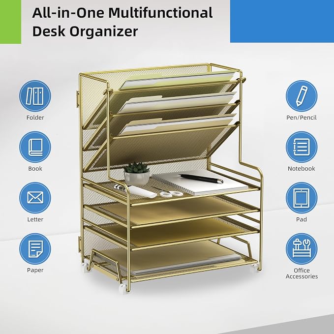 MINDEPOT 4-Tier Paper Organizer + 3-Pocket File Holder + Drawer + Pen Holders, Desktop File Organizers Paper Tray for Office Supplies School Classroom Organization (Gold, no Drawer & Pen Holder)