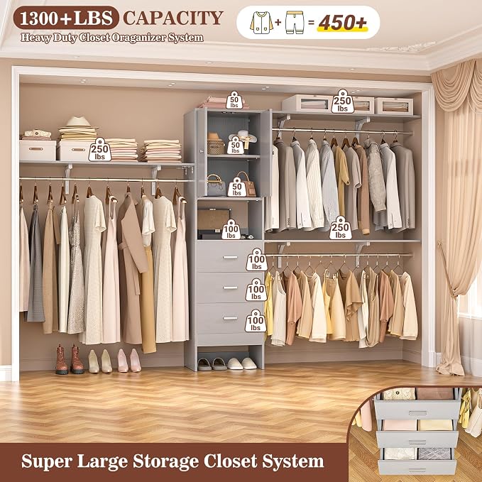 120 Inches Closet System With Doors, 10FT Walk In Closet Organizer with 3 Shelving Towers, Heavy Duty Clothes Rack with 3 Drawers, Built-In Garment Rack, Max Load 1300 LBS, Grey