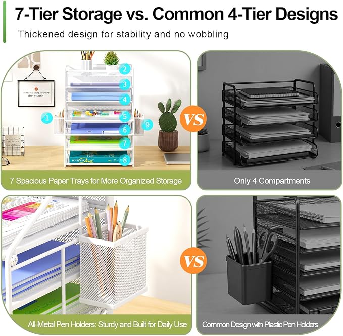 White 7 Tier Desk File Organizer, Metal Letter Tray Paper Organizer with Pull-Out Drawer, Removable Pen Holder & Hanging Basket, Vertical Desktop File Holder for Home Office, Classroom