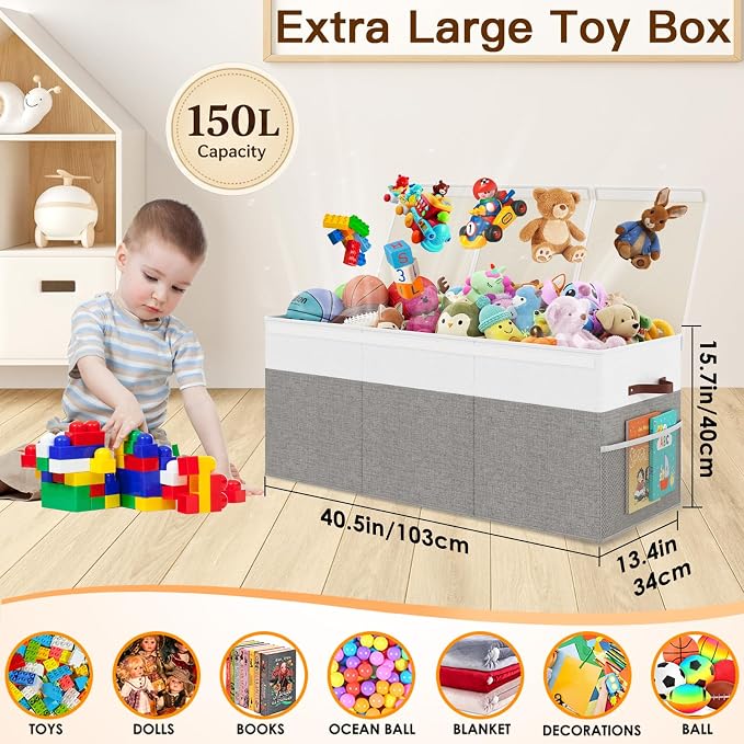 150L Extra Large Toy Storage Box with Lid for Boys Girls Nursery Playroom | Collapsible with Lid, Removable Divider, 40"x14"x16", Side Pockets, For Nursery, Living Room, Playroom