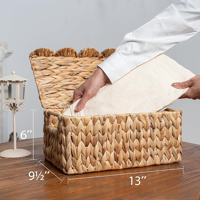 StorageWorks Wicker Basket with Scalloped Edge Lid, Handwoven Water Hyacinth Baskets for Bedroom, Living Room, 13" L x 9 ½" W x 6" H | Rattan Storage Baskets With Scalloped Edge, Basket With Lid Decorative Storage, Woven Wicker Basket For Living Room, ...
