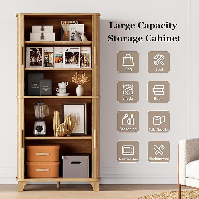 Decofy 69" Tall Kitchen Pantry Storage Cabinet with Sliding Door, Modern Curved Edge Pantry Storage Cabinet with 5 Shelves, Cupboard for the Kitchen, Dining Room, Bedroom, Living Room, Office (Oak)