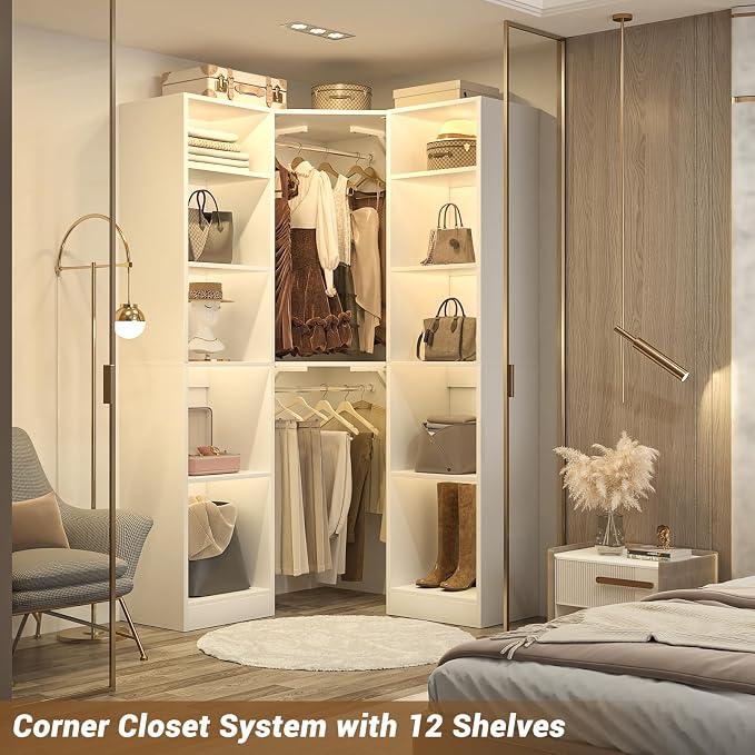 Besiost Corner Closet System with 12 Shelves, 39.2" Corner Closet Organizer | Corner Closet Tower with 2 Hanging Rods, Versatile 6-Tier Walk-in Closets for Corner Space, White (39.2" L x 39.2" W x 80" H)