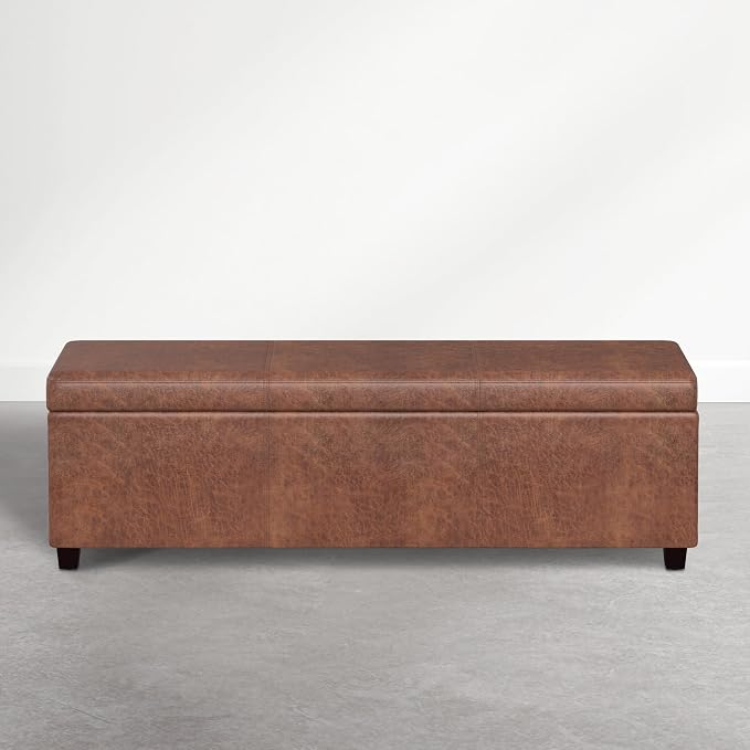 SIMPLIHOME Avalon Storage Ottoman Bench - 54 inch Wide Upholstered Vegan Leather Extra Large Rectangle Ottoman Bench in Distressed Pecan Brown, Contemporary Ottoman for Living Room with Lift-Up Lid