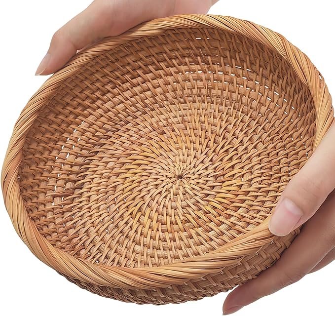 8" Round Small Wicker Basket, Natural Rattan Bread & Fruit & Key Bowl | Well-Made Handwoven Natural Basket, Versatile Decorative Key Bowl for Entryway Table, Kitchen Counter, Bedside, Living Room