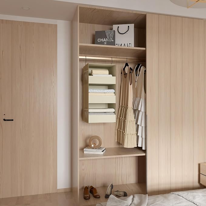 3-Shelf Hanging Closet Organizer, Washable Foldable Storage Shelves, Beige | Front lip keeps items secure; side pockets add room; Oxford fabric handles towels, shirts, baby items, dorms, RVs or travel.