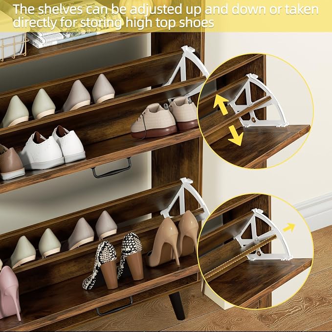 EOYUTLLY Shoe Cabinet with Bench, Entryway Shoe Organizer with 2 Flip Drawers & Open Shelf, Narrow Shoe Storage Cabinet for Entryway, Freestanding Shoe Rack with Legs, Brown