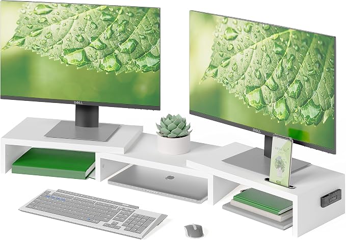 BONTEC Dual Monitor Stand Riser, Adjustable Length & Swivel Angle, White | Ergonomic Wooden Desktop Organizer with Smartphone Holder, Computer Monitor Stand for PC, Laptop, Printer and Large Storage