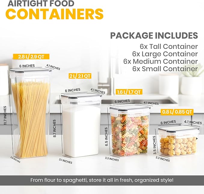 KICHLY Plastic Airtight Food Storage Containers Sets with Lids, 24 Pack | BPA-Free Kitchen Pantry Organizers and Storage for Cereal, Flour, Sugar & Dry Food