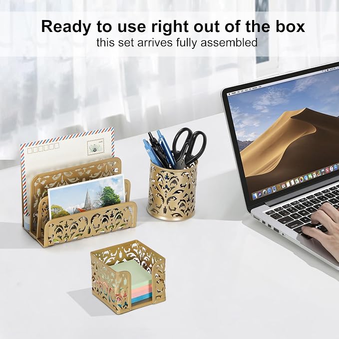 EasyPAG Desk Organizers and Accessories 3 Pieces Office Organizer Set - Pen Holder for Desk, Mail Sorter Countertop and Sticky Note Holder, Gold