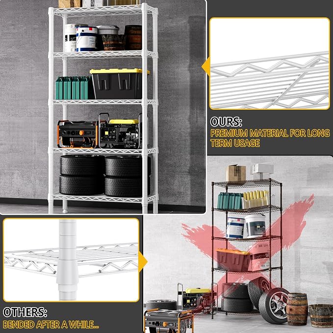 M MZG 1250 lbs 5 Tier Shelf Metal Storage Shelves Wire Rack Closet Organizers for Garage Kitchen Bathroom Laundry White 11.8" D x 29.5" W x 59.5" H