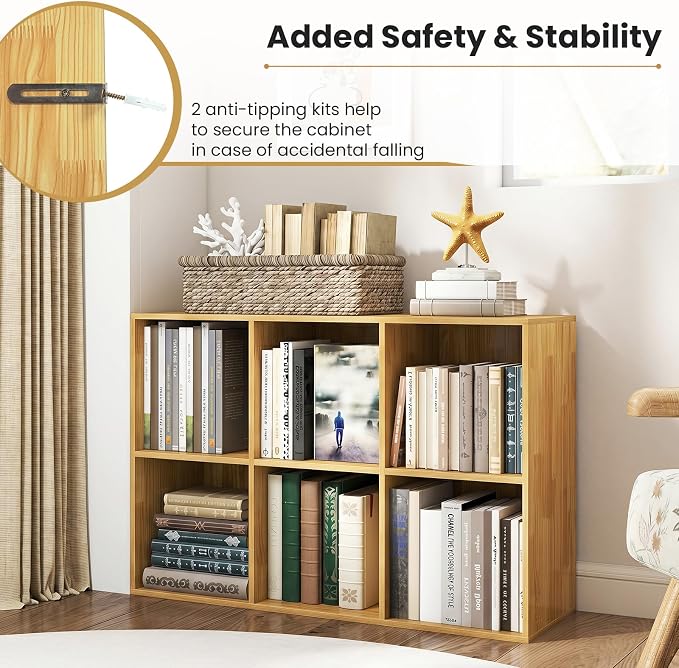 Giantex 6-Cube Bookcase, 3-Tier Cubby Bookshelf, Burlywood | Horizontal Vertical Display Rack with Anti-Tipping Kits, Modern Storage Organizer Shelf Unit for Living Room, Home Office