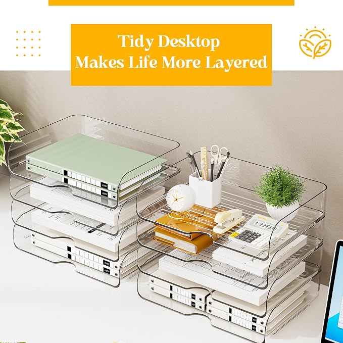 HIYOHIYO Clear Office Desk Organizer for A4 Letter Paper, 4 Tier Horizontal | Stackable | Large Capacity | Office Organization for File Folder | Desktop Paper Holder Workspace Organizer and Storage