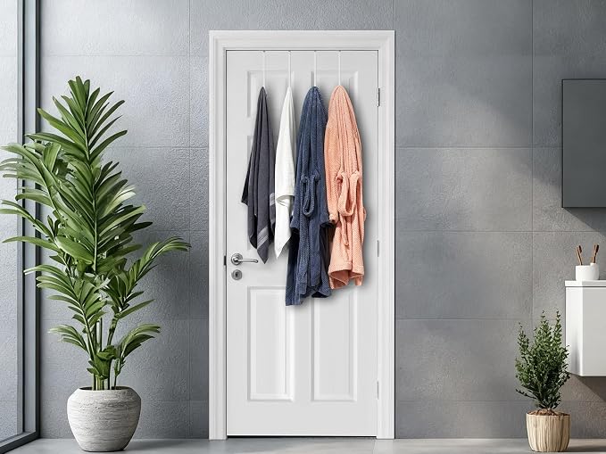 Single Long Over Door Steel Hooks 4 Pack Fit 1-3/8" Door 10" White | Plastic Coated Rubber Feel Towel Rack Robe Coat Shoe Wreath Hanger No Damage No Scratch for Bathroom Heavy Duty Thin Top