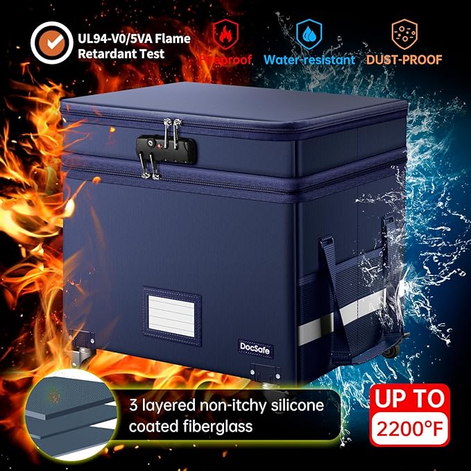 DocSafe File Box with Lock, 2-Layer Fireproof Document Box with Wheels,Collapsible File Storage Organizer with Pockets,Large Portable Office Filing Cabinet Hanging Folders,Blue,16''x13.8''x12.2''