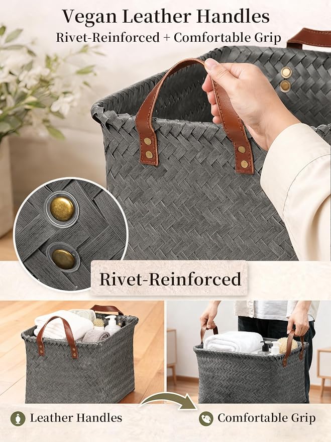 Wicker Storage Baskets, 4 Pack Woven Baskets for Shelves, Grey | PP Rattan, Water-resistant Wicker Basket, Large Baskets with Faux Leather Handles for Blanket, Laundry Organizer, Room Decor