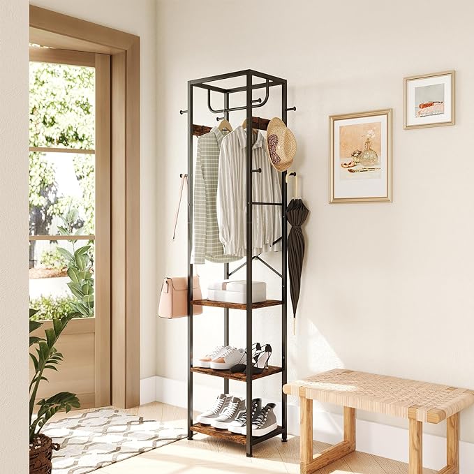 Coat Rack Freestanding, Hall Tree with 3 Shelves and 12 Hooks, Rustic Brown | Industrial Metal Frame, Space-Saving Design, Clothes Rack Stand Organizer for Bedroom, Hallway, Entryway, Office, Living Room