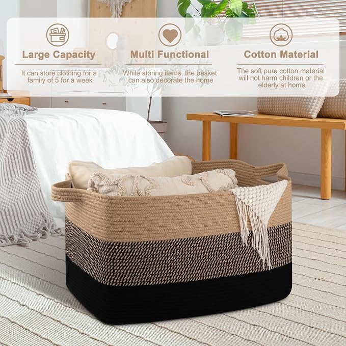 OIAHOMY Extra Large Blanket Basket, 95L Cotton Rope Woven Laundry Basket, Toy Bin for Baby Room, Container for Blanket Storage in Living Room, 24''×17''×14'', Brown & Black