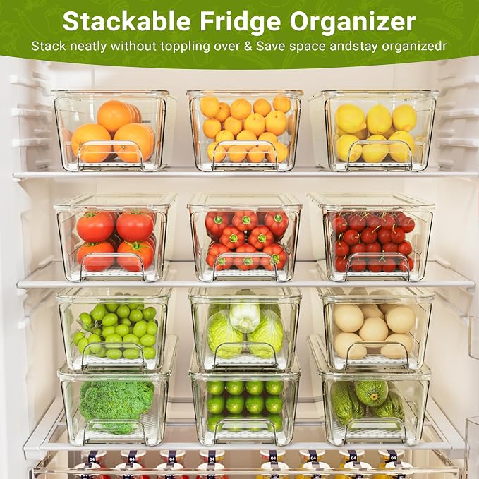Imncya 6 Pack Stackable Pull-Out Fridge Organizer Drawers, Clear Refrigerator Drawer with Lids, Fridge Stackable Storage Drawers for Veggies, Fruits, Food Storage and Organizer