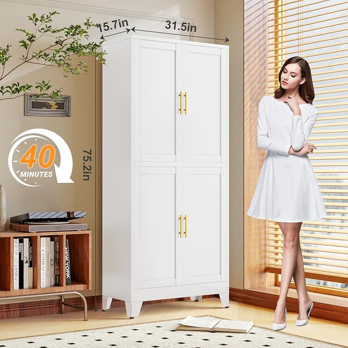 GAIOUS 75.2" Tall Metal Pantry Cabinet, Kitchen Pantry Storage Cabinets with 4 Door and 4 Adjustable Shelves, White Storage Cabinet, Freestanding Cupboard for Kitchen Dining Room Living Room Bathroom