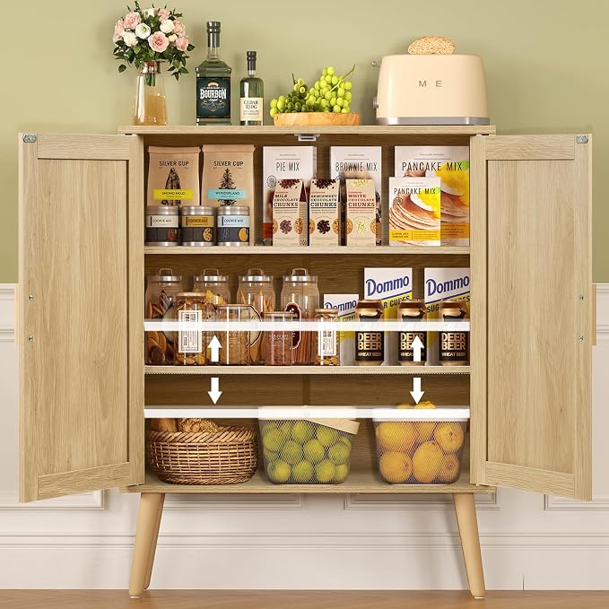 Iwell Storage Cabinet with 2 Shelves, Rattan Cabinet with 2 Doors, Sideboard Buffet Cabinets with Storage for Living Room, Dining Room, Entryway, Natural