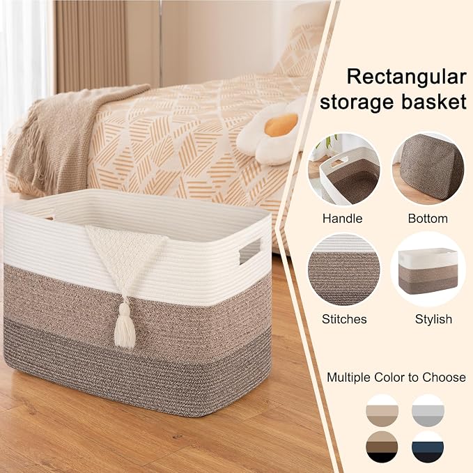 OIAHOMY 108L Super Large Blanket Basket, 25”x16”x16”(108L) Rectangle Woven Baskets for Storage, Cotton Rope Basket For Living Room, Toy Storage with Handle- Gradient Dark Brown