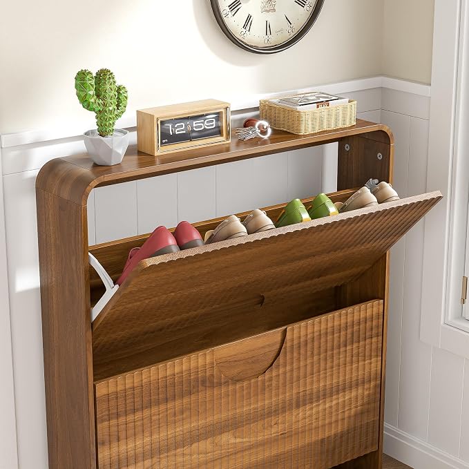 Narrow Shoe Cabinet with Entry Way, Slim Shoe Storage Cabinet for 2 Tier Doors, No Shelf, Fluted Hidden Shoe Rack Organizer for Entrance, Entry Way, Foyer, Walnut Small