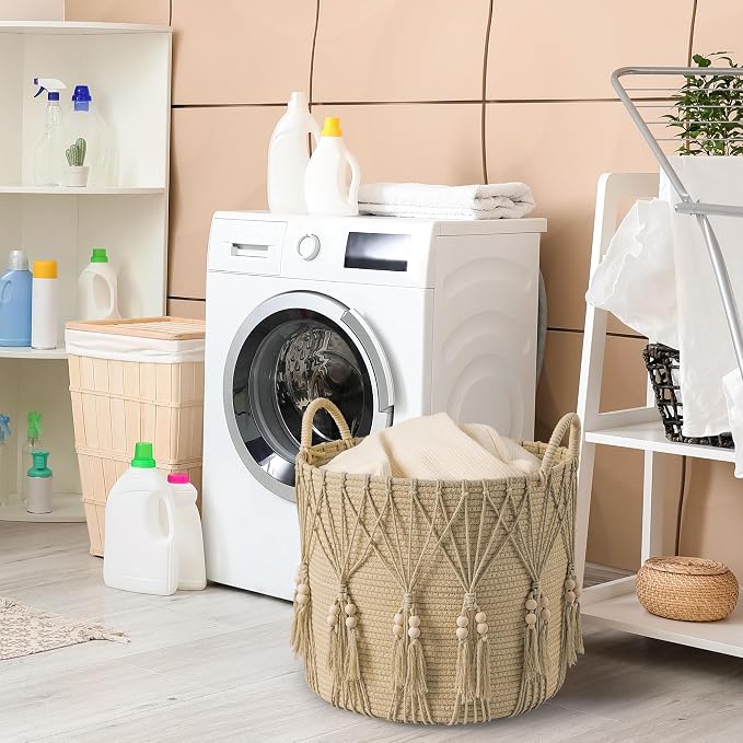 Blanket Basket for Living Room Decor Storage Basket for Toy Organizer Boho Decor Baskets for Modern Farmhouse Decor Small Laundry Basket for Bedroom and Laundry Room Organization,Natural