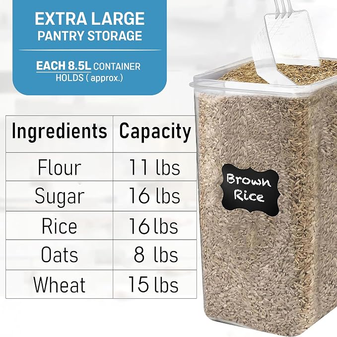 8.5L/287Oz Extra Large Airtight Food Storage Containers (2 PC) with Lids, Kitchen and Pantry Organization Containers for Baking Supplies, Cereal, Flour, Sugar, Rice (BPA Free)
