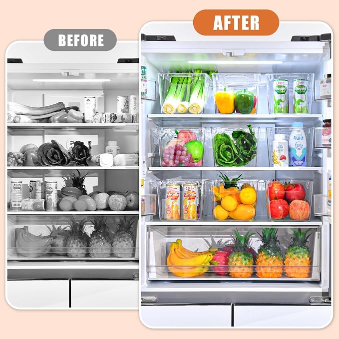 Freebat 6 Pack Pantry Organization and Storage,Clear Plastic Storage Bins | Large, Cabinet Organizer, Clear Plastic Storage Containers with Handle,Acrylic Storage Bins for Cabinet, Fridge