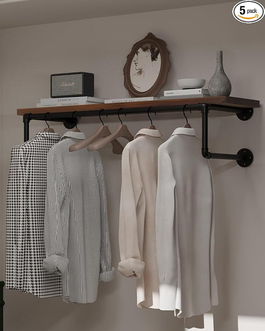 Clothes Rack 36in, Wall Mounted Garment Racks with Real Walnut Wood Shelves, Heavy Duty Hanging Clothes Rack, Multi-Purpose Hanging Rod, Space-Saving Closet Storage