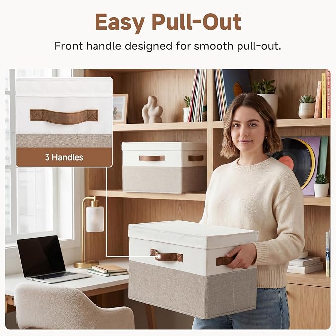 StorageWorks Fabric Storage Bins with Lids, Large Closet Storage Bins | Flip-Top Lid, 3 Handles, Collapsible, Stackable, for Clothes Blankets, Multi-Purpose, Large, Brown and White, 2-Pack