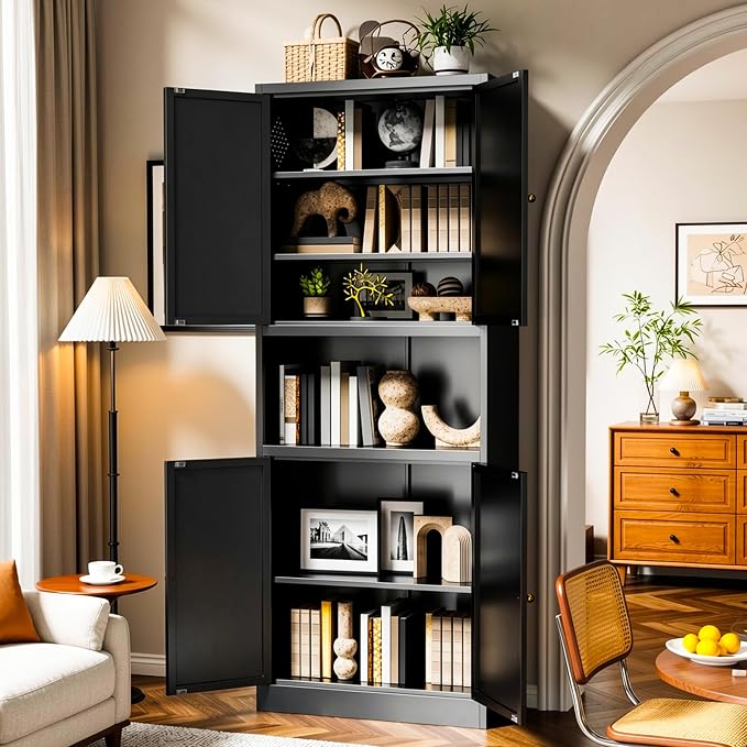 AQY Kitchen Pantry Cabinet,72" Black Pantry Cabinet 3-Tier Adjustable Shelves 4 Doors, Freestanding Cupboard with Microwave Stand, Metal Cabinet with Handle for Living Room Kitchen Assembly Required