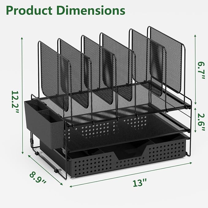 LEKETREE Desk Organizer, Office Organization with Vertical File Holder, File Organizer with Drawer and Pen Holder, Desk Accessories and Workspace Organizers for Home Office (Black)