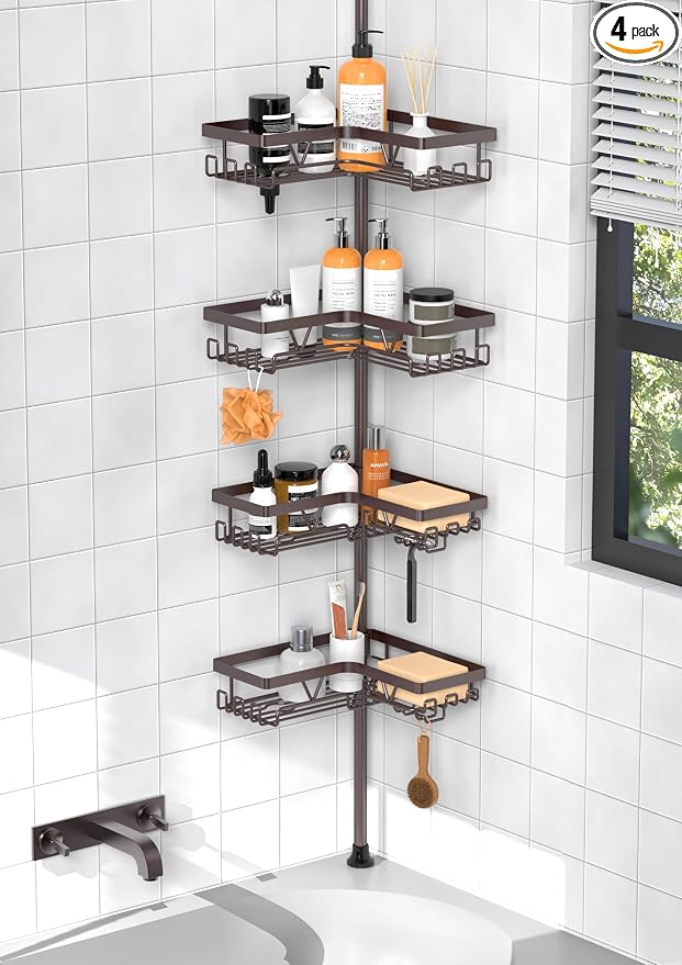 KEGII 4-Tier Corner Shower Caddy Tension Pole, Bathroom Shelf, Bronze | Waterproof Rustproof Storage with Hooks and Soap Holder, Floor to Ceiling Design for Shower and Bathtub Organization