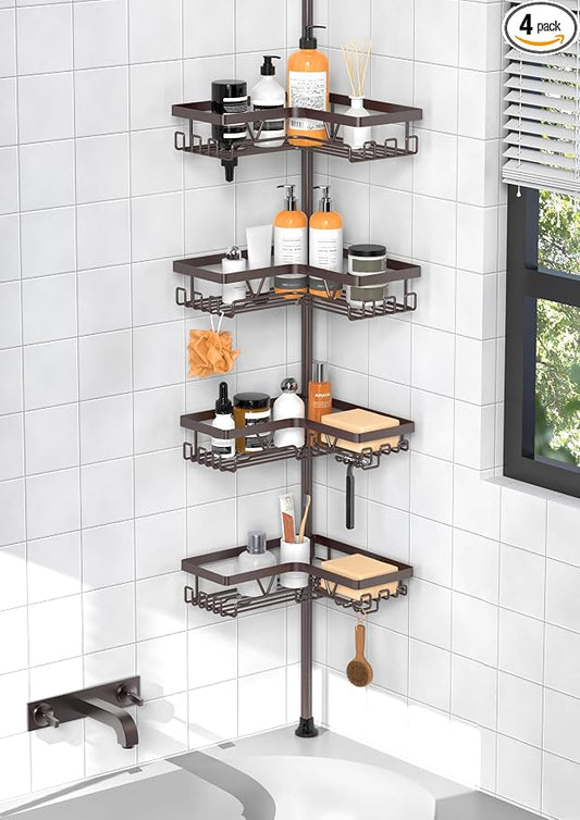 KEGII 4-Tier Corner Shower Caddy Tension Pole, Bathroom Shelf, Bronze | Waterproof Rustproof Storage with Hooks and Soap Holder, Floor to Ceiling Design for Shower and Bathtub Organization