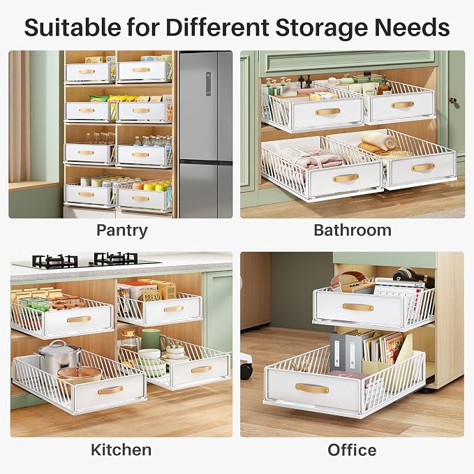 Pull out Cabinet Organizer,Heavy Duty Slide out Pantry Shelves Drawer Storage with Adhesive Nano Film,Sliding Mesh Cabinet Basket with Handle for Kitchen, Bathroom, Home, 13.8"W X 21"D X 6.2"H,White