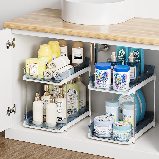 Delamu 2-Tier Multi-Purpose Bathroom Under Sink Organizers and Storage, Stackable Kitchen Pantry Organization, Pull Out Medicine Cabinet Organizer with Movable Dividers, Blue, 4 Pack