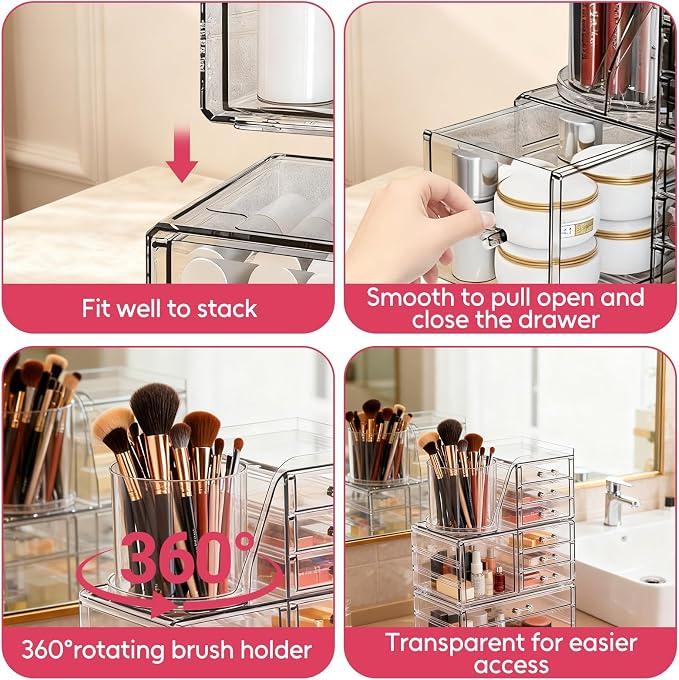 ShineMe Clear Makeup Organizer with 9 Drawers, 3 Tier Stackable Makeup Storage Organizer with Rotating Brush Holder, Acrylic Countertop Makeup Organizer for Vanity Skincare Jewelry Hair Accessories