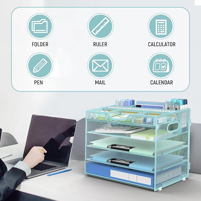 Docnest 5 Tier Mesh Desk Organizer with Removable Tray&Pen Holder, Blue | Features 3 detachable pen holders and 4 removable dividers.Versatile mesh desktop storage for mail, document,office supplie