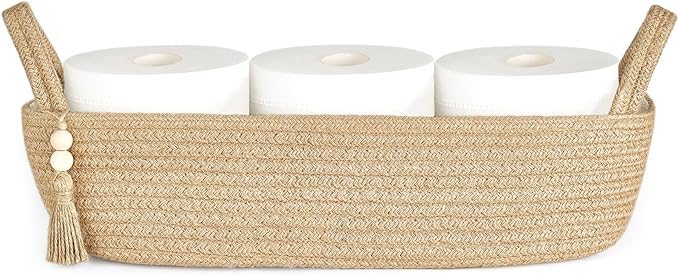 Mkono Toilet Paper Basket, Boho Bathroom Decor, Small Storage Organizer | Brown, 15.7"L x 6"W, Back of Toilet Basket, Decorative Woven Tray with Handles, Space-Saving, Living Room Bedroom, 1 Pack