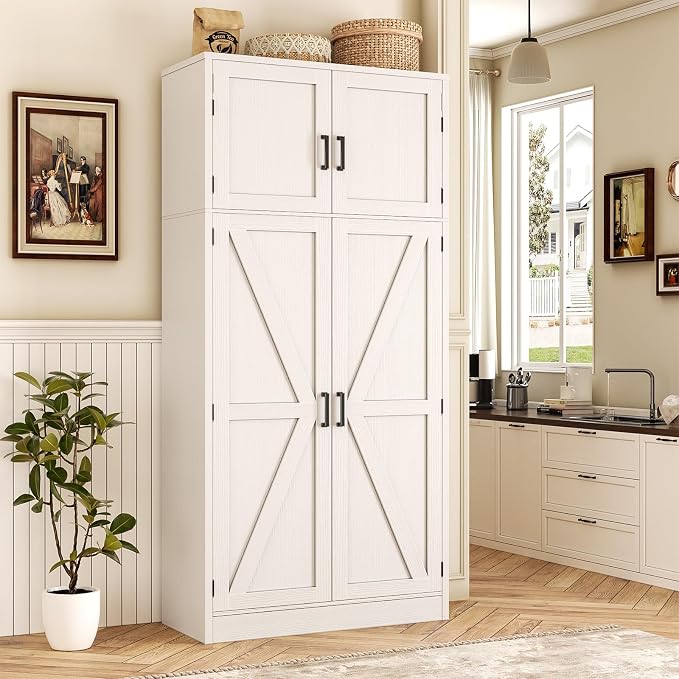 Unikito 71” Tall Kitchen Pantry Storage Cabinet with Adjustable Shelves | Large Farmhouse Storage Cupboard, Barn Doors, Sturdy and Deep, Versatile for Dinning Room, Bathroom, Living Room, White